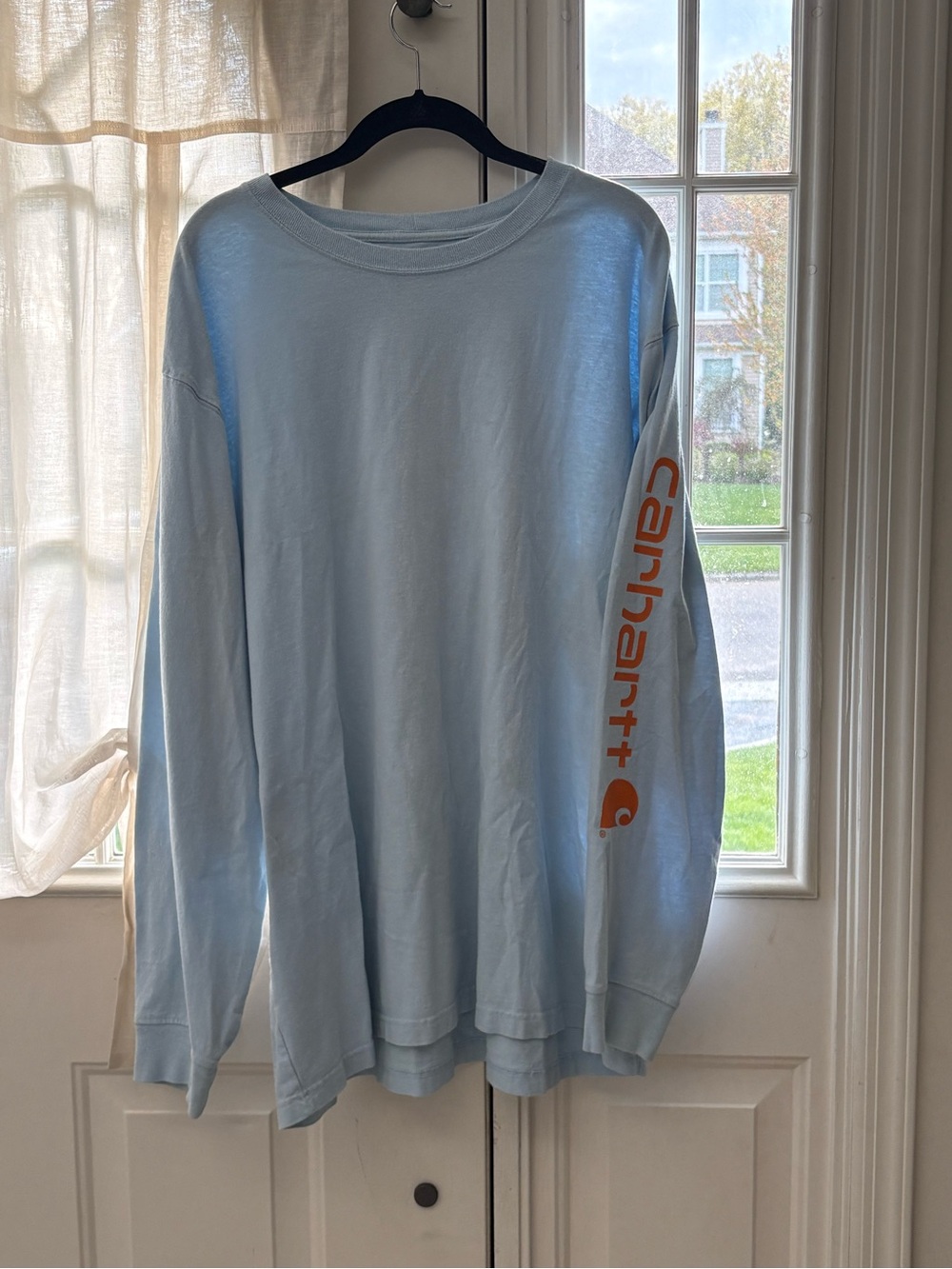 Carhartt Light Blue Long Sleeve Shirt Men’s XL – Orange Logo – Vintage Style